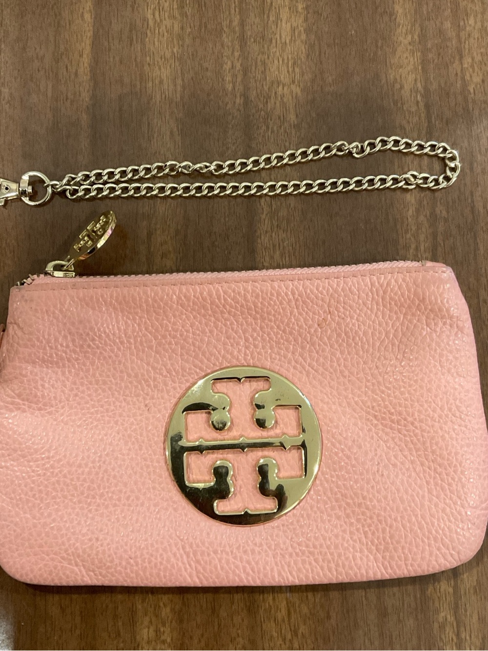 Tory Burch Pink Leather Wristlet with Gold Logo and Chain coin purse